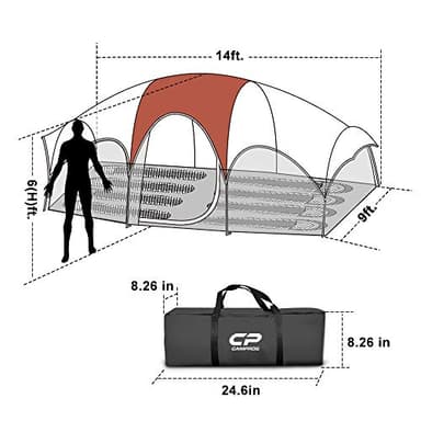 CAMPROS CP Tent-8-Person-Camping-Tents, 8 Person Waterproof Windproof Family Tent, 5 Large Mesh Windows, Double Layer, Divided Curtain for Separated Room, Portable with Carry Bag - Red - Image 2