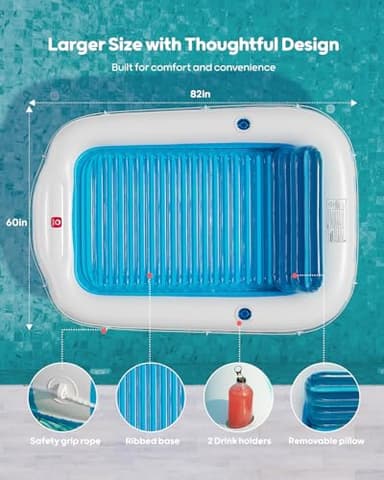 QPAU Inflatable Tanning Pool for Adults, 82"×60" Extra Large Tanning Float with Footrest, Removable Pillow, Cushion Base, 2 Cup Holders, Grip Rope – Tanning Pool Float for Backyard, Beach, Pool - Image 3