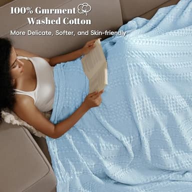 PHF 100% Cotton Waffle Weave Blanket Queen Size for Bed, Soft Lightweight & Breathable, All-Season Comfort, Luxury Aesthetic Woven Bedding for Home Decor, 90"x90", Baby Blue - Image 2