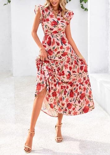 PRETTYGARDEN Women's 2025 Summer Floral Midi Dress Cap Sleeve V Neck Ruffle Long Flowy Boho Casual Beach Vacation Dresses (Floral Orange Pink Red,XX-Large) - Image 6