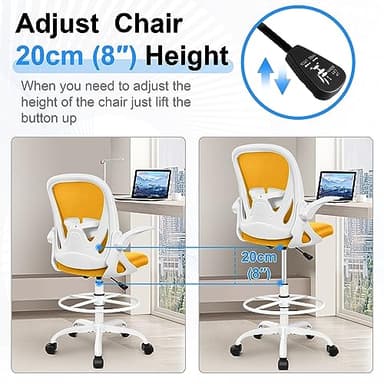 Primy Drafting Chair Tall Office Chair with Flip-up Armrests Executive Ergonomic Computer Standing Desk Chair with Lumbar Support and Adjustable Footrest Ring（Mustard） - Image 6