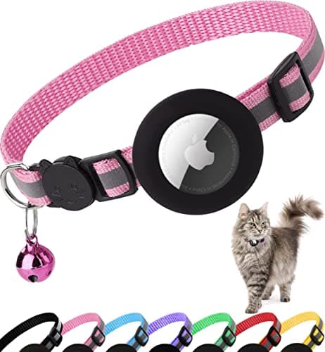 Dgerp Airtag Cat Collar Breakaway, Reflective Kitten Collar with Apple Air Tag Holder and Bell for Girl Boy Cats, 0.4 Inches in Width and Lightweight(Pink) - Image 1