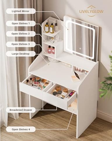 LIVELYGLOW Small Makeup Vanity Desk with Lighted Mirror, White, 23.62" W x 15.74" D x 53.93" H (Smart LED Mirror, Open Shelves, 2 Drawers) - Image 2