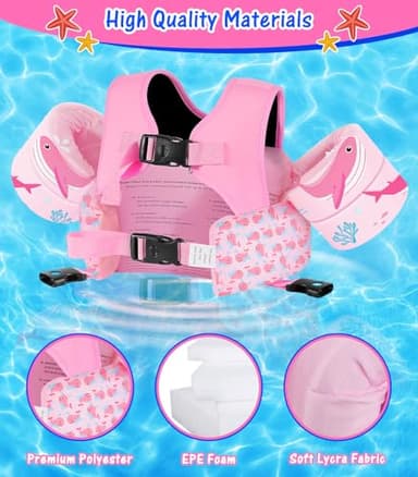 MoKo Swim Arm Floaties 15-30 lbs, Toddler Swim Vest for Kids Cartoon Swimming Water Wings with Crotch Strap, Pool Float Vests Sleeves Shoulder Straps Arm Band for Children, Baby Pink Whale - Image 5