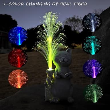 RCTTICUU Cat Solar Garden Statues,Resin Cat Figurine Reading a Book and 7-Color Changing Optical Fiber with Solar Lights, Lawn Decor Outdoor Statue for Patio,Balcony,Yard,Lawn Ornament - Image 6
