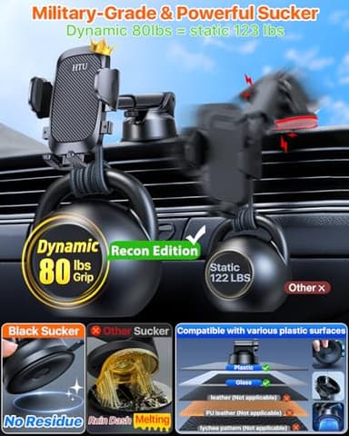 HTU [True Military-Grade] 2025 Upgraded Car Phone Holder 【Safety Certs & No Smell】 Cell Phone Holder for Car Mount for Dashboard Windshield Air Vent Long Arm Thick Case,Black - Image 4