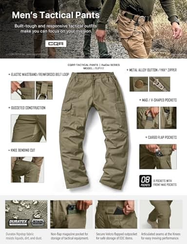 CQR Men's Tactical Pants, Water Resistant Ripstop Cargo Pants, Lightweight EDC Work Hiking Pants, Outdoor Apparel, Raider Soil Green, 36W x 32L - Image 7