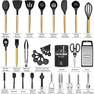 Kitchen Utensils Set- 34PCS Silicone Cooking Utensils with Holder, Umite Chef Heat Resistant Kitchen Utensil Spatula Set for Nonstick Cookware, Black Wooden Handles Kitchen Gadgets Tools Set - Image 3