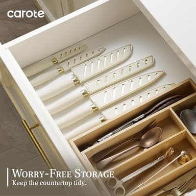 CAROTE 12PCS Kitchen Knife Set, Healthy Gold Titanium Coating Knife Set, Dishwasher Safe with 6 Blade Guards, Rustproof Stainless Steel Cutlery Set, White and Gold - Image 6