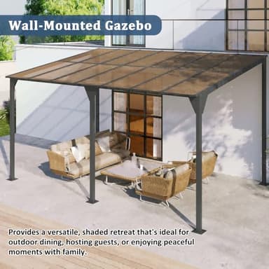 Wall-Mounted Outdoor Gazebo 14.76×9.22 FT, Heavy Duty Pergola with PC Roof Panels, Powder-Coated Iron Frame, Sloped Design for Rain/Snow Drainage, UV60+ Protection - Image 3