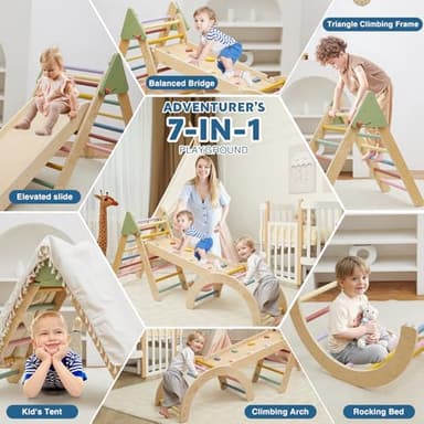 Pikler Triangle Set 7 in 1 Wooden Climbing Toys for Toddlers 1-3 Inside Baby Climbing Gym Montessori Foldable Climbing Set Baby Jungle Gym Indoor Philosophy Climber with Arch & Ramp & Ladder Climber - Image 3