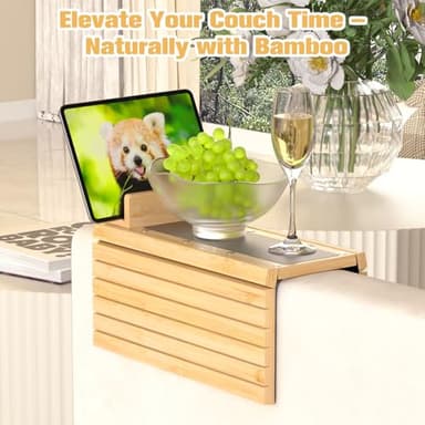 Sofa Arm Tray, 3-in-1 Magnetic Detachable Couch Arm Tray with 360° Swivel Phone/Tablet Holder, Bamboo Couch Cup Holder, Foldable Couch Armrest Table for Drinks, Snacks, Cups, Phones - Image 6