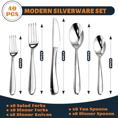 Silverware Set for 8, Heavy Duty Stainless Steel Cutlery Set Flatware Set,40 Piece Premium Silverware, Mirror Polished Modern Cutlery include Fork Knife Spoon Set,Dishwasher Safe - Image 2