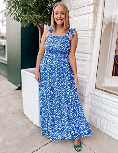 Tobrief Maxi Dress for Women Floral Dresses Square Neck Summer Strap Beach Dress Blue Floral L - Image 2