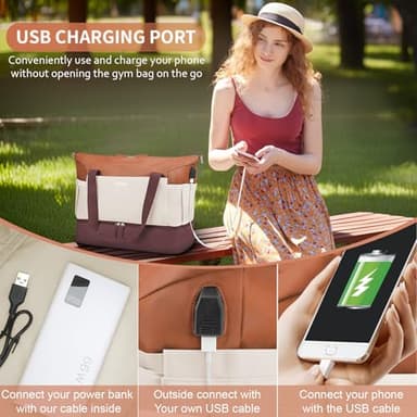 ETRONIK Gym Bag for Women, Travel Duffel Bag with USB Charging Port, Weekender Overnight Bag with Wet Pocket and Shoes Compartment for Women, Travel, Gym, Yoga (Brown/Khaki/Orange) - Image 6