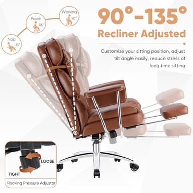 Sweetcrispy Executive Home Office Desk Chair - Ergonomic Big Tall High Back with Footrest & Lumbar Support, Reclining Height Adjustable, Comfy PU Leather Computer Gaming with Swivel Wheels, Brown - Image 5