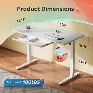 DEVAISE Standing Desk with Drawers, Whole-Piece Glass Adjustable Height Desk, 48 Inch Electric Stand Up Desk, Quick Install, White - Image 2