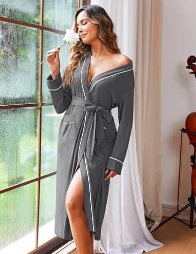Ekouaer Women Kimono Robes Full Length Knit Bathrobe Lightweight Soft Sleepwear V-neck Casual Ladies Loungewear - Image 2