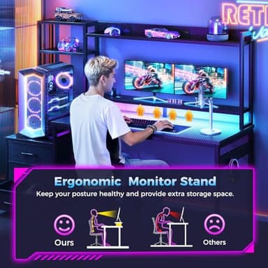 Casaottima 48 Inch Gaming Desk with Hutch & 3 Fabric Drawers, Computer Desk with USB Ports & LED Lights, Reversible Pc Gamer Table with Monitor Stand for Home Office, Carbon Fiber Black - Image 6