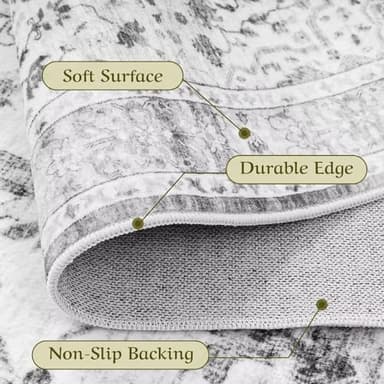 HOMFINE Vintage Design Area Rugs - Machine Washable Rug 6'x9' with Non Slip Rugs for Living Room Bedroom Floral Print Rug Carpet Stain Resistant, Home Decor Office Area Rug, Light Grey - Image 2