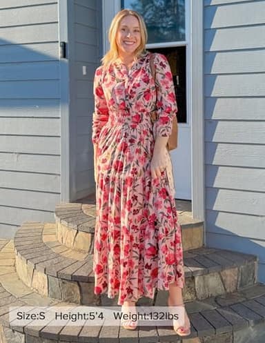 ZESICA Women's 2025 Fall Long Sleeve Maxi Dress Floral Print V Neck Empire Waist A Line Tiered Flowy Boho Party Dresses Vintage Pink Medium - Image 6