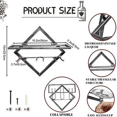 AUHOKY 2Pcs Metal Wall Mounted Wine Holder Stemware Glass Rack, Vintage Silver Hanging Red Wine Racks Organizer with 3 Stem Glass Holders, Wine Bottle Display Hanger for Home Kitchen Bar Decor - Image 2