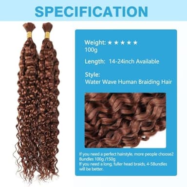 Brown Human Braiding Hair - Water Wave, 100g, 18 Inch, Color 30 Curly, Boho Braids, No Weft, 2 Braids Per Pack, Wet and Wavy - Image 2