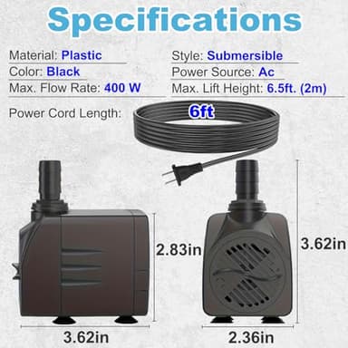 SongLong Submersible Pump 400GPH (1500L 25W) Ultra Quiet with Over Heating Protection 6.5ft High Lift for Fountains, Hydroponics, Ponds, Aquariums & More…… - Image 6