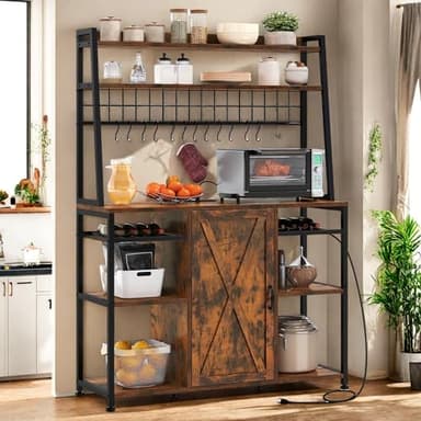 YITAHOME Large Bakers Rack with Power Outlet and Storage Cabinet, 47 Inch Farmhouse Coffee Bar Cabinet, Kitchen Microwave Stand with Wine Shelves and 12 Hooks, Rustic Brown - Image 1