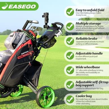 EASEGO Golf Push Cart 3 Wheel : Golf Bag Cart Foldable with Phone/Cup/Umbrella Holder Compact Golf Pull Carts Quick Fold Golf Caddy Push Carts with Large Wheelbase for Different Terrain (Lemon Green) - Image 4