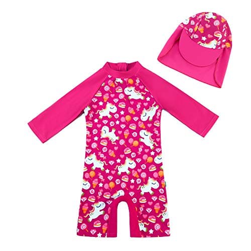 upandfast Baby/Toddler Girl One Piece Zip Sunsuits with Sun Hat UPF 50+ Sun Protection Infant Beach Swimsuit (Rose(LS), 24-36 Months) - Image 1