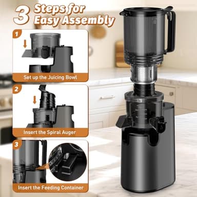 Cold Press Juicer, Masticating Juicer with 5.4" Wide Feed Chute, 350w Slow Juicer Machines Fit Whole Vegetables and Fruits with High Juice Yield, Easy to Clean (Black) - Image 8