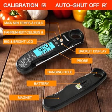 KULUNER TP-01 Waterproof Digital Instant Read Meat Thermometer with 4.6 Folding Probe Backlight Calibration Function for Cooking Food Candy, BBQ Grill, Liquids,Beef(Black) - Image 4