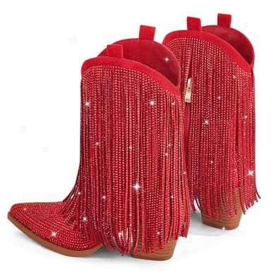 Ouepiano Red Cowboy Boots for Women - Red Cowgirl Rhinestone Boots with Sparkly Fringe Pointed Toe Western Boot Chunky Heel Pull-On Wide Calf Botas Vaqueras Size 10.5 - Image 8