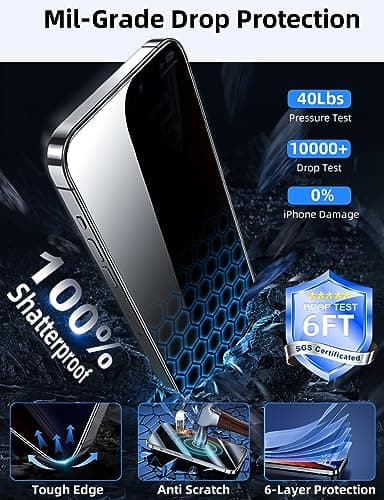 ruwa Privacy Screen Protector for iPhone 16 Pro [2-Pack] Anti-Peep Tempered Glass Film with Easy Installation Frame - Image 4