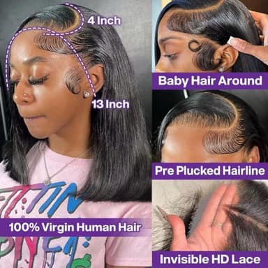 HIRIREMY Bob Wig Human Hair 13x4 HD Lace Frontal Short Straight Lace Front Bob Wigs for Black Women Human Hair Pre Plucked Glueless Side Part 180% Density Black Color 14 Inch - Image 2