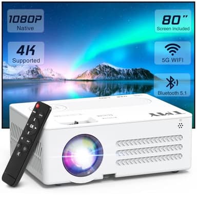 TMY Projector with WiFi and Bluetooth【80" screen included】Native 1080P Outdoor Projector, 4K Supported Portable Projector, Compatible with iOS/Android/PC/TV Stick/HDMI/USB, Indoor Outdoor Use - Image 1