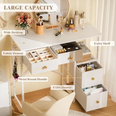 3IngSeagulls White Vanity Desk Without Mirror, Small Makeup Desk with 4 Fabric Drawers, 33.5 Inches Dressing Table with Storage, Vanity Table for Bedroom with Hook, White - Image 3