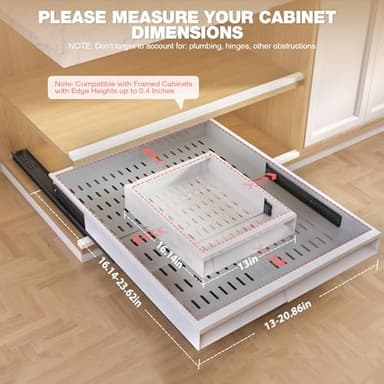 Seinloes 2 Pack Pull Out Cabinet Organizer With Raising Pad for Framed Cabinets,Expandable Width (13"-21") and Depth (17"-24"),3 Slide Rails Slide Out Drawers with Handle,No-Drill Roll Out Shelf,White - Image 6