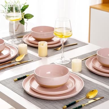 AmorArc Ceramic Dinnerware Sets for 4, 12 Pieces Handpainted Plates and Bowls Set with Rustic Terracotta Underside, Scratch Resistant Stoneware Dishes Set, Dishwasher & Microwave Safe, Cloud Pink - Image 7