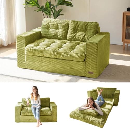MAXYOYO Convertible Sofa Bed, Pull Out Loveseat Sleeper Sofa, 2 in 1 Folding Couch Bed, Fold Out Floor Couch with Pillows for Living Room Bedroom Lounge, Green - Image 1