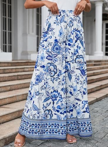 Dokotoo Womens Fashion Fall 2025 High Waist Drawstring Wide Leg Long Pants with Pockets Blue and White Porcelain Print Oversize Soft Lounge Yoga Trousers for Women Office Beach Pants Blue XL - Image 7