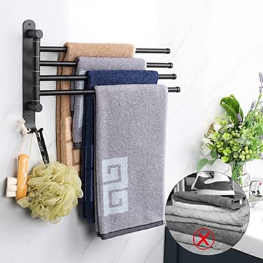 NearMoon Swivel Towel Rack, 13.8" Thicken 304 Stainless Steel 4-Arm Towel Bar, Space Saving Wall Mounted Towel Holder with Hook, Rustproof Swing Out Towel Hanger for Bathroom, Kitchen (Matte Black) - Image 6