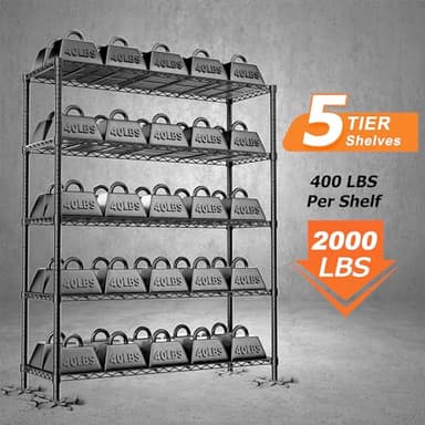 Storage Shelves Heavy Duty, 48" L x 20" W x 72" H Garage Wire Shelving Unit Loads 2000LBS, 5-Tier Adjustable Metal Industrial Utility Shelf Rack for Kitchen, Laundry Room, Pantry, Warehouse, Basement - Image 4