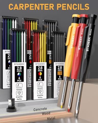 STAGEEK 34 Pack Carpenter Pencil Set with Sharpener, Mechanical Carpenter Pencils with Deep Hole Long-Nib Marker Pens, Carbide Scribe Tool & Construction Pencils for Architect Woodworking with Case - Image 3