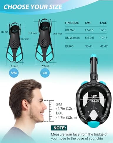 Viginsul Mask Fins Snorkeling Gear for Adults, Full Face Snorkel Mask & Adjustable Swim Fins Snorkel Set, Panoramic View Snorkel Mask Dry Top Anti-Fog Anti-Leak - Image 6