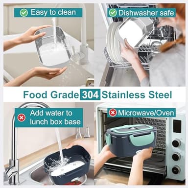 Electric Heated Lunch Boxes Adults: 80W Electric Lunch Box Food Heated 12/24/110V 1.5L Heatable Lunch Box for Car/Truck/Office Leak-Proof Stainless Steel Container, Fork & Spoon, Bag (Grey+Green) - Image 7
