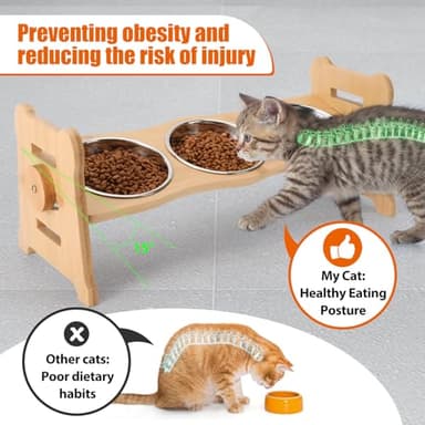 Elevated Cat Bowls15° Tilted Stainless Steel Elevated with Bamboo Stand - 3 Pots Raised Cat Bowls for Indoor Cats and Small for Indoor Cats with Anti-Overflow Design (Yellow) - Image 2