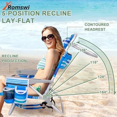 2Pk Aluminum 5-Position Lay Flat Folding Backpack Beach Chairs for Adults, with Cooler Bag, Cup&Phone Holder, Towel Bar for Outdoor Lawn Picnic Sport, Portable Foldable Camping Chairs, Blue Stripes - Image 6