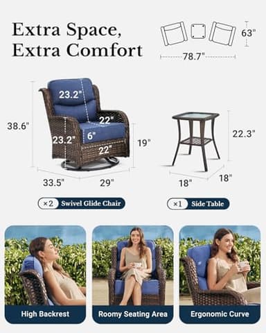 HILLGA Luxury Patio Furniture Set with 6-inch Thick Cushion, Outdoor High Back Swivel Rocker Patio Chairs, 3PCS Wicker Conversation Set for Deck Yard and Poolside, Blue (V2) - Image 2